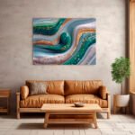 Elegante Fluid-Art-Landschaft in Smaragdgrün, Teal und Grau mit goldenen Einschlüssen und Fließtexturen – Bild 3