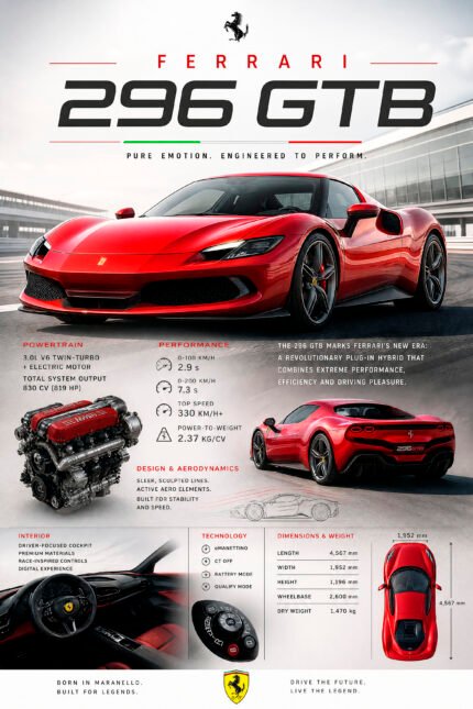 FERRARI 296 GTB Poster Sportwagen Wandbilder Deko für Autofans zum Einrahmen