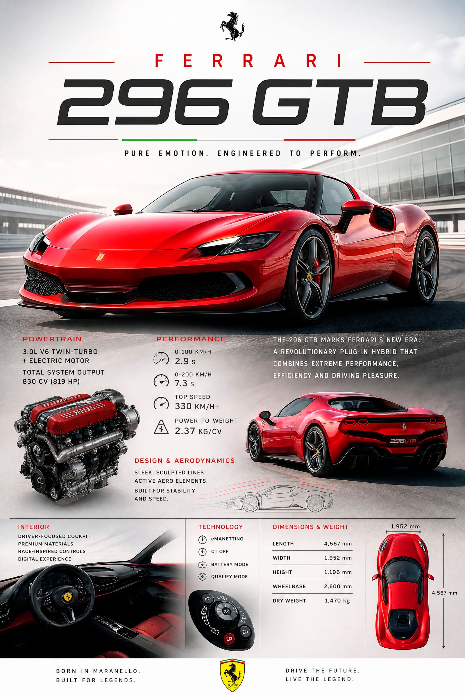 Ferrari 296 GTB light_2 FERRARI 296 GTB Poster Sportwagen Wandbilder Deko für Autofans zum Einrahmen