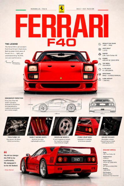 FERRARI F40 Poster Sportwagen Wandbilder Deko für Autofans zum Einrahmen
