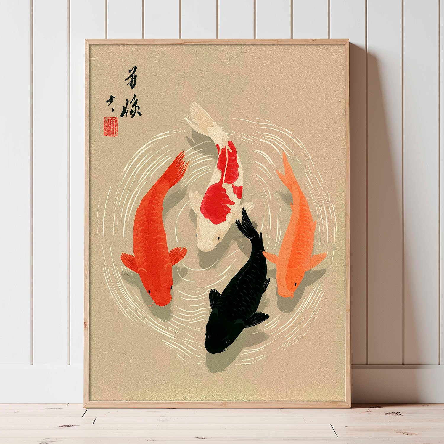 Japanische Koi Fische_cover Traditionelle Koi-Karpfen Minimalistischer japanischer Holzschnitt-Stil mit eleganten Wirbeln