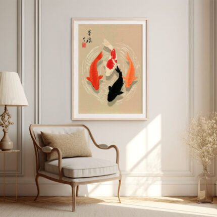 Traditionelle Koi-Karpfen Minimalistischer japanischer Holzschnitt-Stil mit eleganten Wirbeln