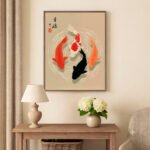 Traditionelle Koi-Karpfen Minimalistischer japanischer Holzschnitt-Stil mit eleganten Wirbeln
