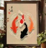 Traditionelle Koi-Karpfen Minimalistischer japanischer Holzschnitt-Stil mit eleganten Wirbeln
