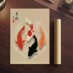 Traditionelle Koi-Karpfen Minimalistischer japanischer Holzschnitt-Stil mit eleganten Wirbeln