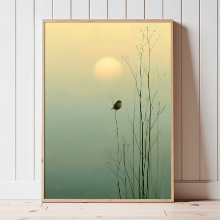 Stille des Morgens Gemälde mit kleinem Vogel auf feinem Zweig