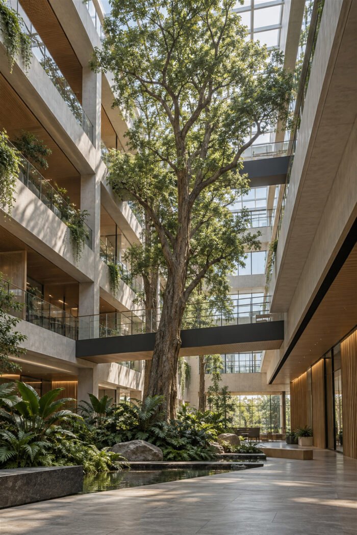 Baum im offenen Atrium – Wandbild aus der Kategorie Architektur