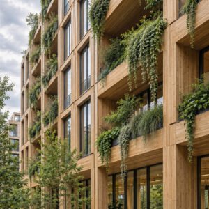 Holzfassade mit Balkonen