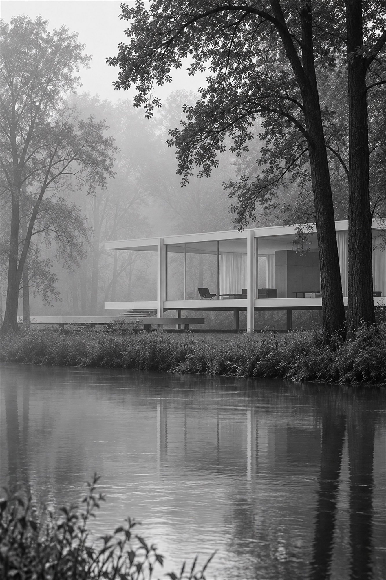 27_Farnsworth_House Glaspavillon im grünen Park – Bild 1