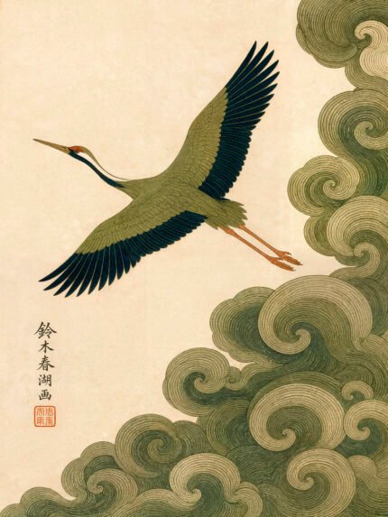 Japanischer Kranich im Flug über sanftgrünen Wolken.