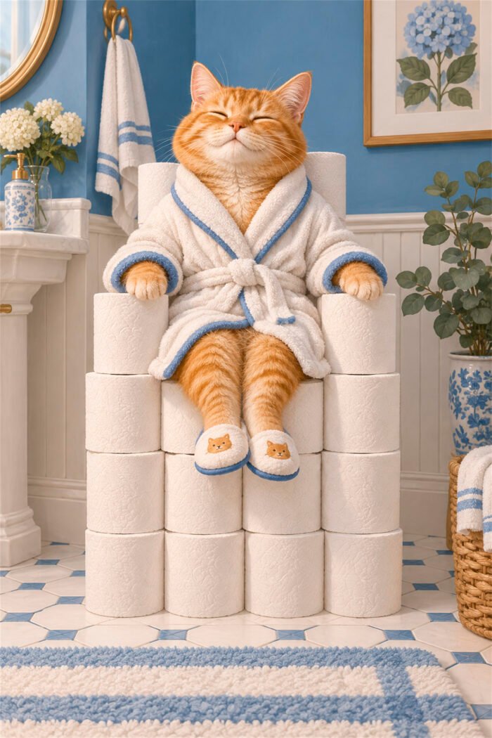 Katzenpause auf dem Papierthron – Wandbild aus der Kategorie Badezimmer