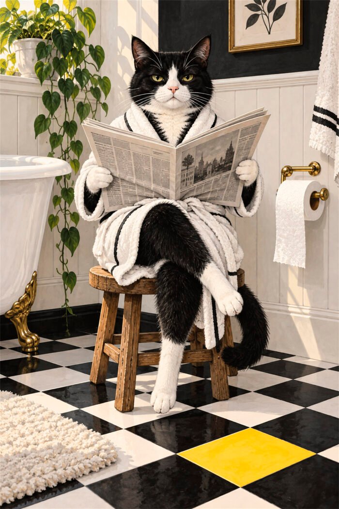 Katze mit Zeitung – Wandbild aus der Kategorie Badezimmer