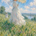 Frau mit Sonnenschirm im Wind
