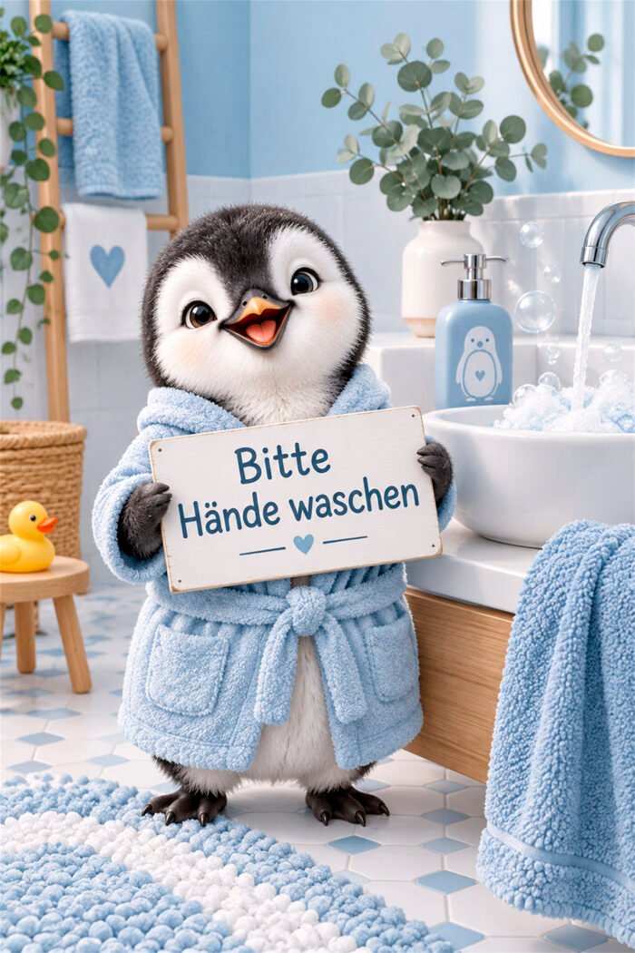 Pinguin beim Händewaschen – Wandbild aus der Kategorie Badezimmer