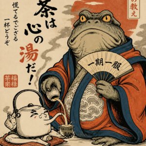 Tanuki bei einer japanischen Teezeremonie in warmen Naturfarben.