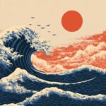 Welle unter roter Sonne