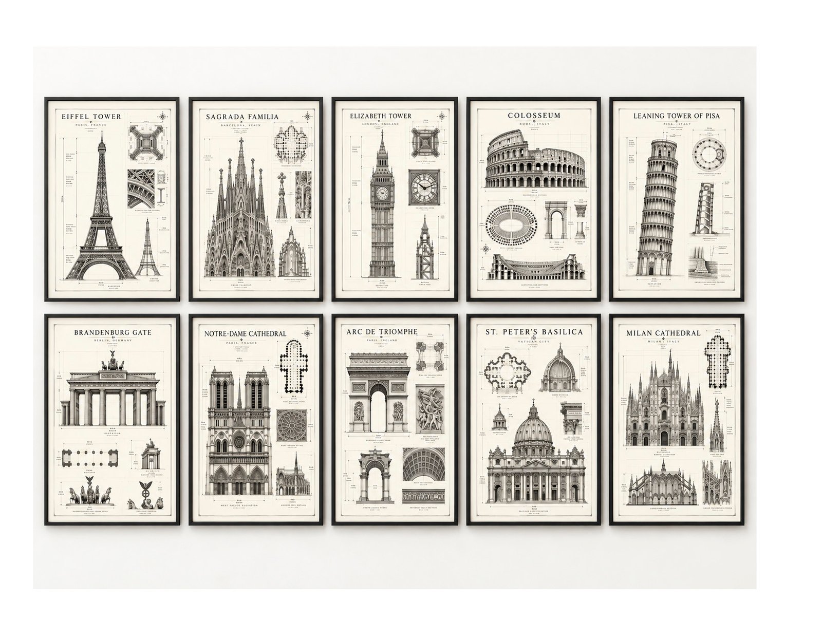 Architektonische Meisterwerke_etsy Architektur Poster 10er Set – Europäische Gebäude Zeichnungen - Digitale Wandkunst zum Herunterladen – Bild 1