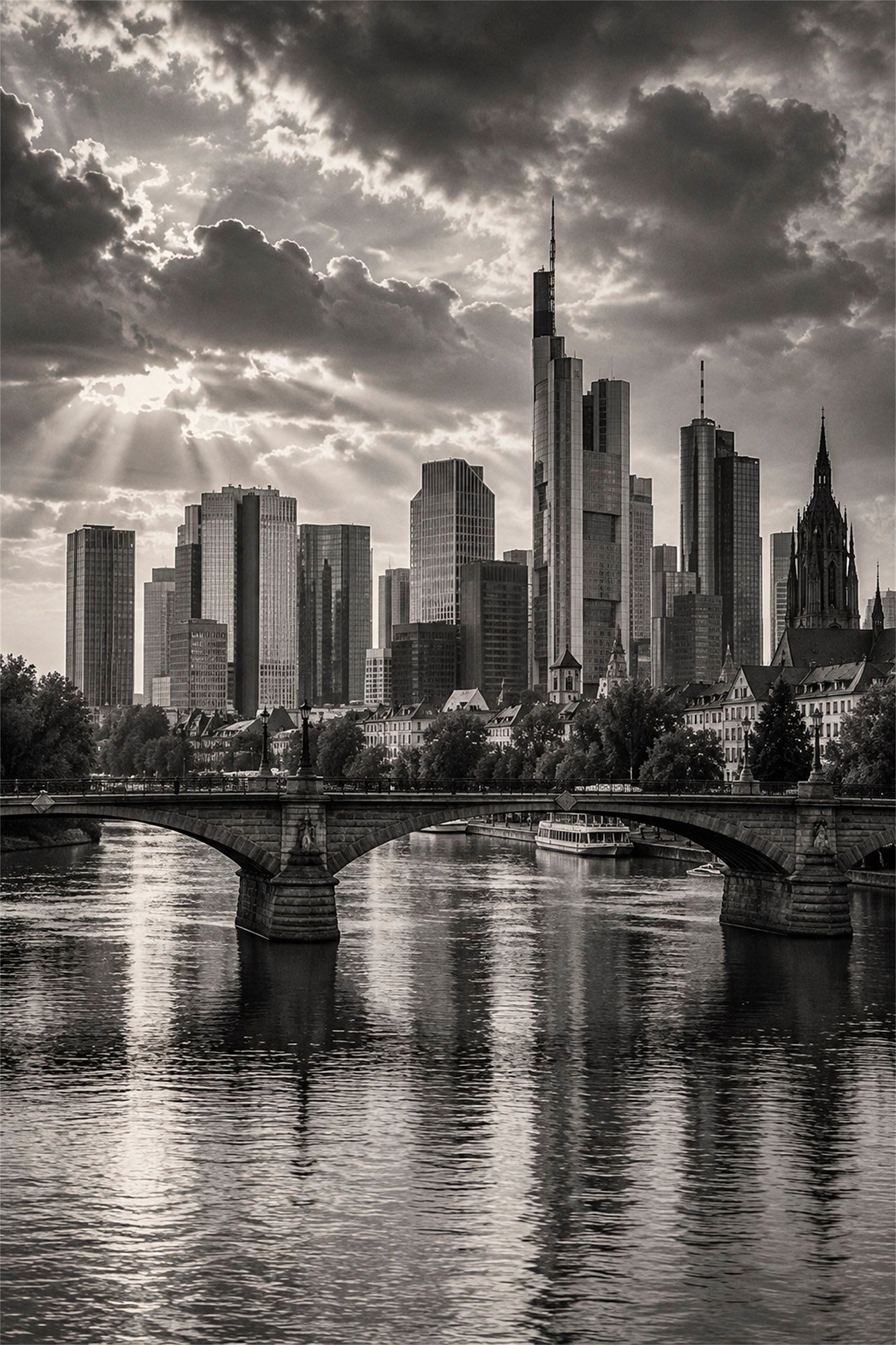 Frankfurt-Mainufer Skyline im Flusslicht – Bild 1