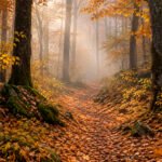 Herbstlicher Waldweg im Nebel