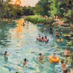 Badespaß am Fluss bei Sonnenuntergang
