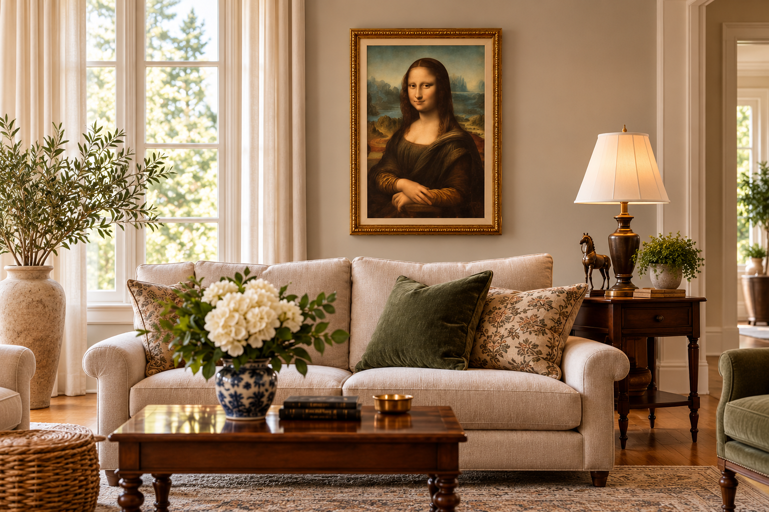 Mona Lisa im goldfarbenen Rahmen über einem hellen Sofa in einem klassisch eingerichteten Wohnzimmer