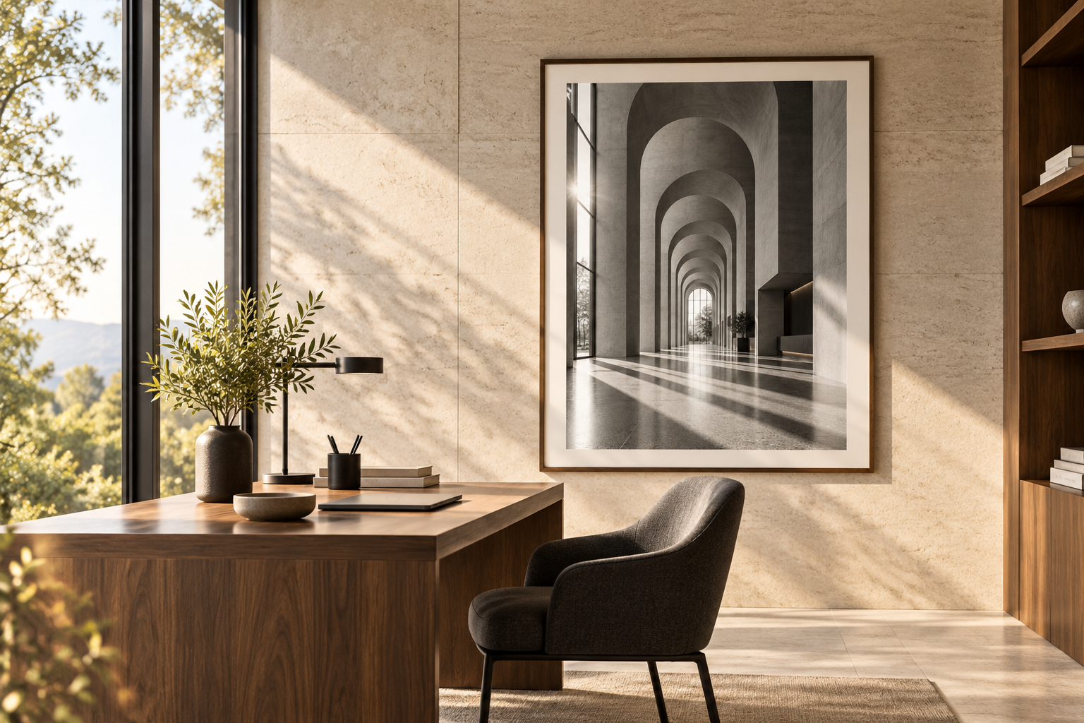 Architektur-Wandbild mit Betonbögen über einem Schreibtisch aus Holz