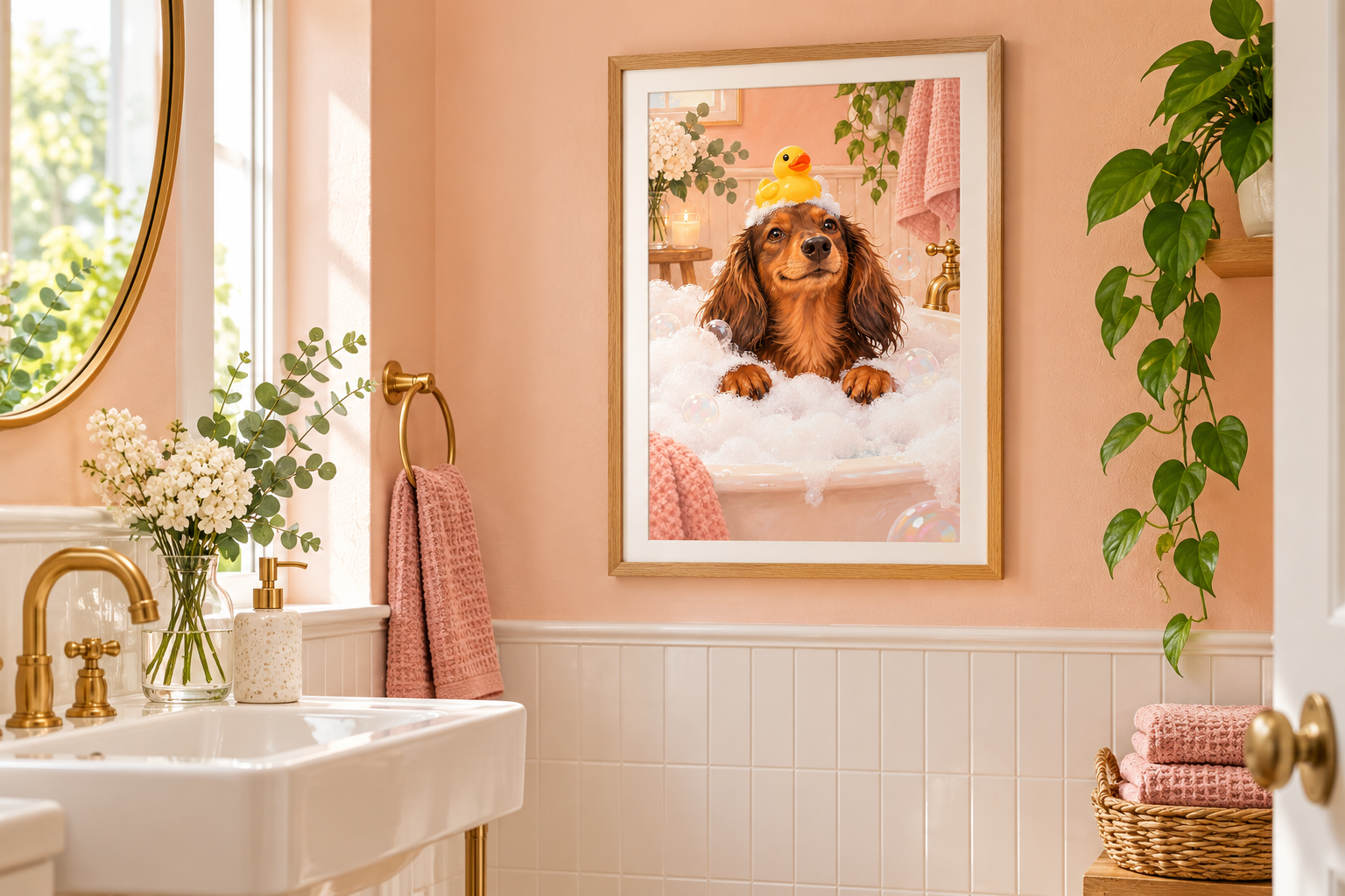 Gerahmtes Dackelmotiv an einer freien Wand in einem hellen Gäste-WC