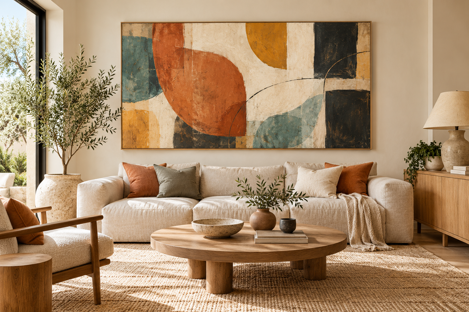 Abstraktes Wandbild in warmem Wohnzimmer mit Terrakotta, Ocker und Petrol