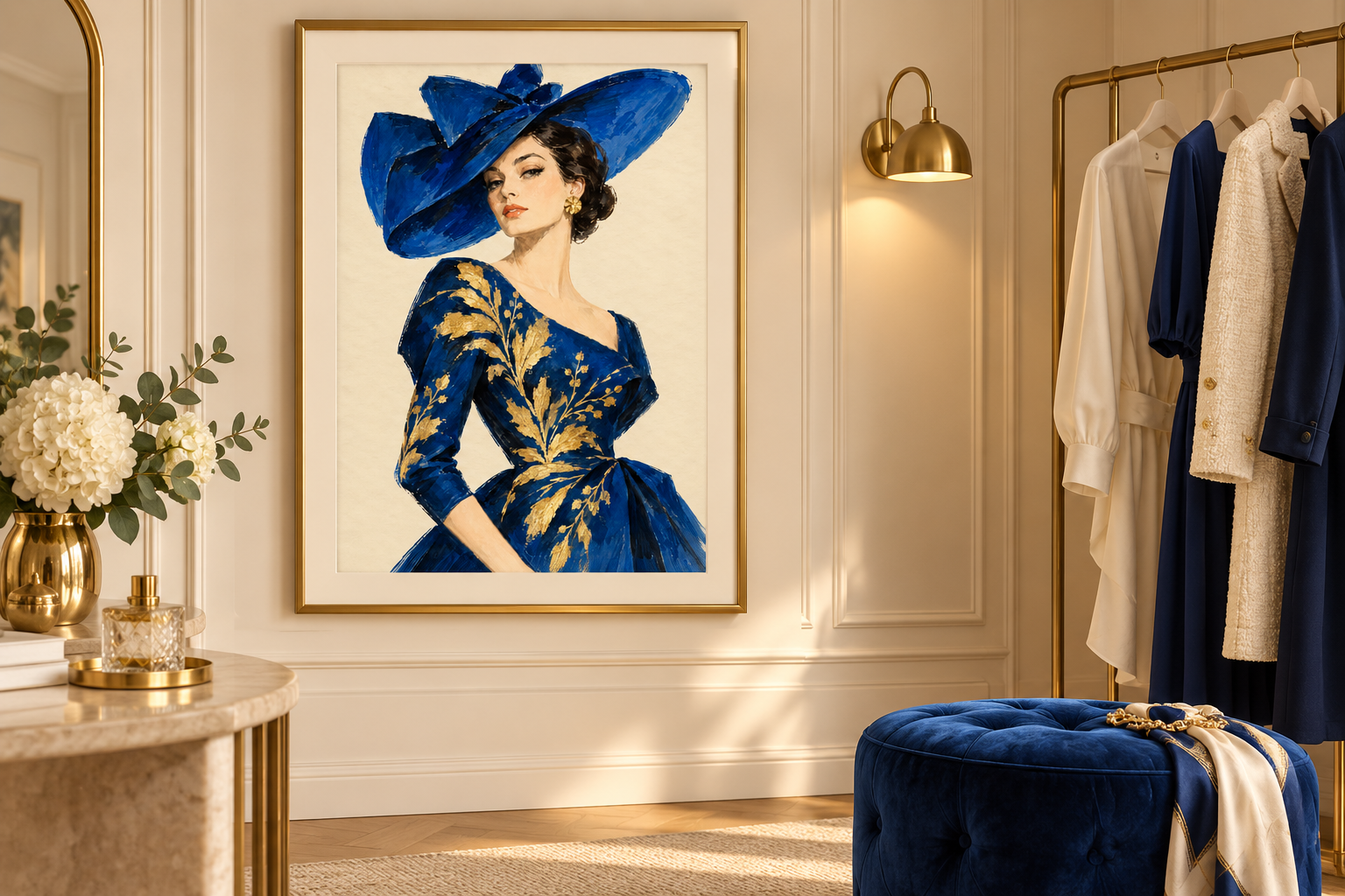 Blaue Couture als gerahmtes Wandbild in einer eleganten Ankleideecke