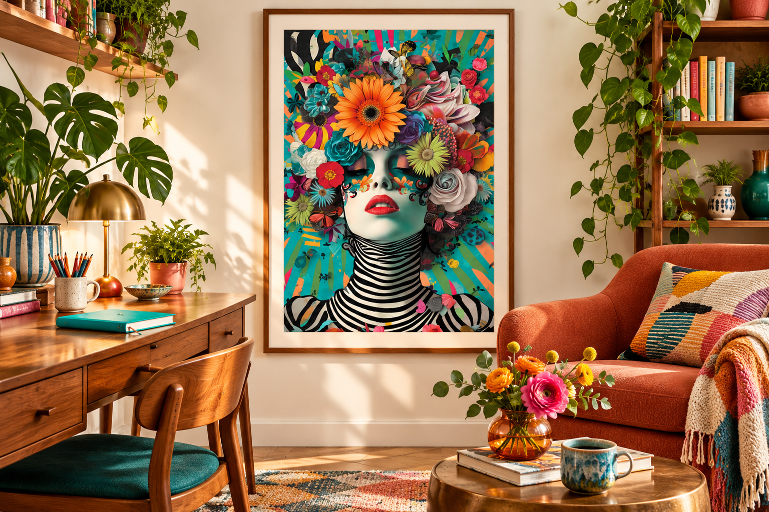 Farbenreiches Frauenporträt mit Blüten in einem persönlichen Kreativzimmer